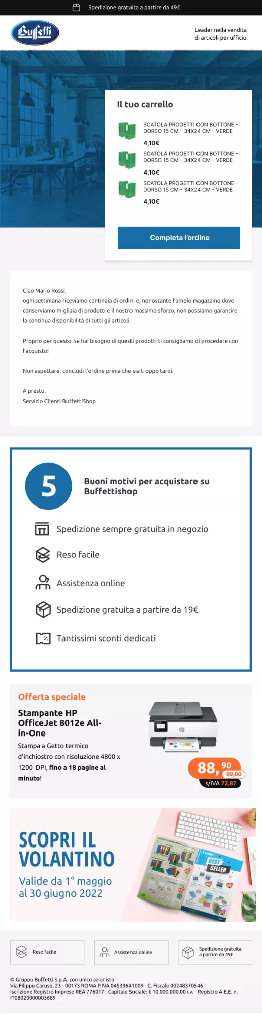 Email recupero carrello abbandonato Buffetti ecommerce forniture ufficio
