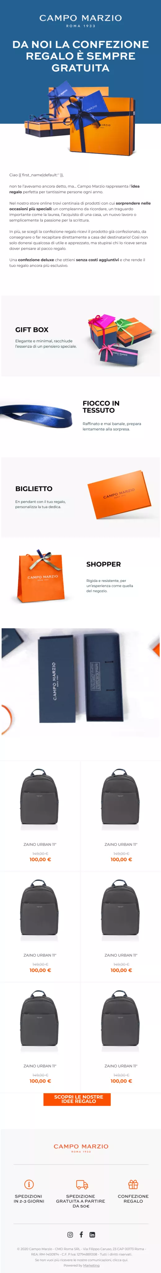 Email confezione regalo gratuita Campo Marzio luxury accessories ecommerce