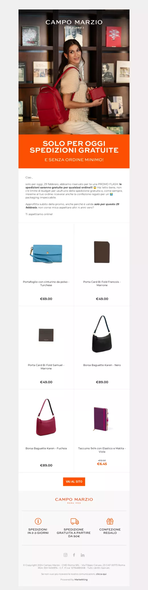 Email promo spedizioni gratuite Campo Marzio ecommerce luxury