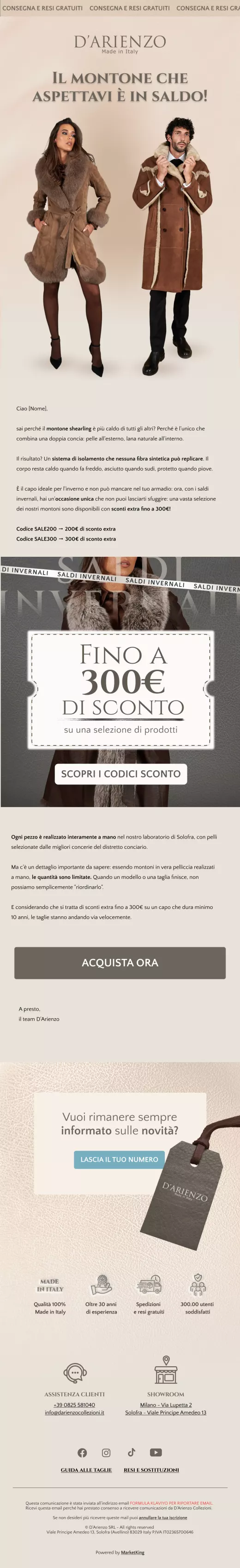 Email saldi montoni shearling D'Arienzo ecommerce leather fashion