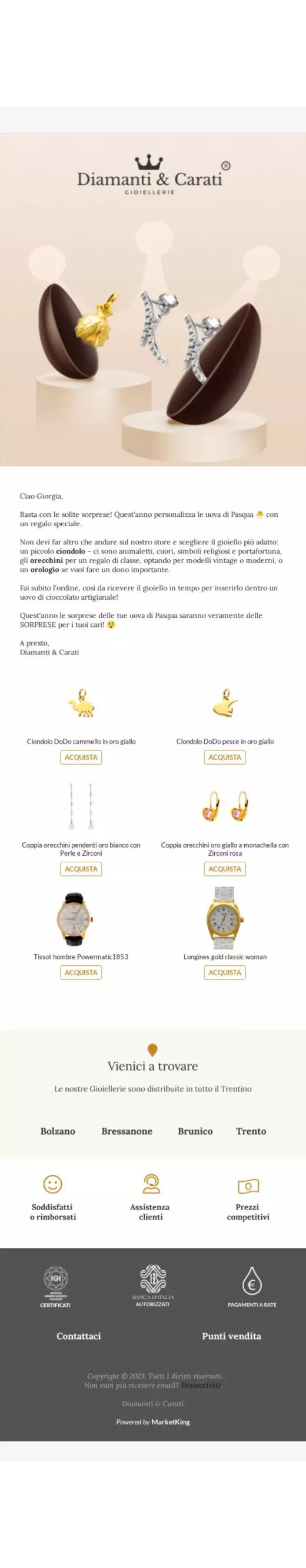 Email promozionale Pasqua Diamanti e Carati ecommerce gioielleria