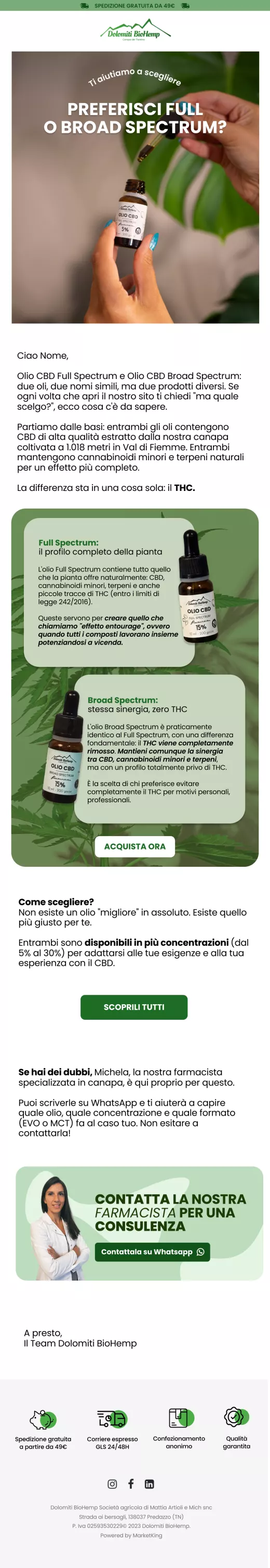 Email educativa CBD Full vs Broad Spectrum Dolomiti BioHemp ecommerce