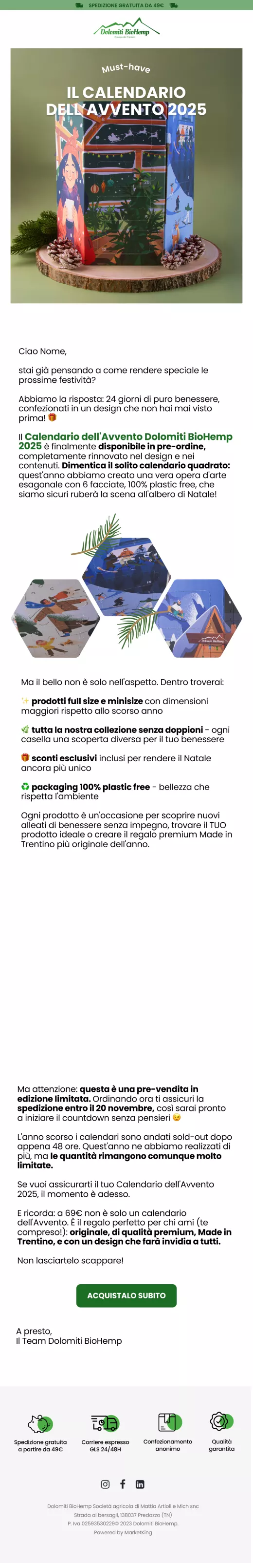Email lancio Calendario Avvento CBD Dolomiti BioHemp ecommerce