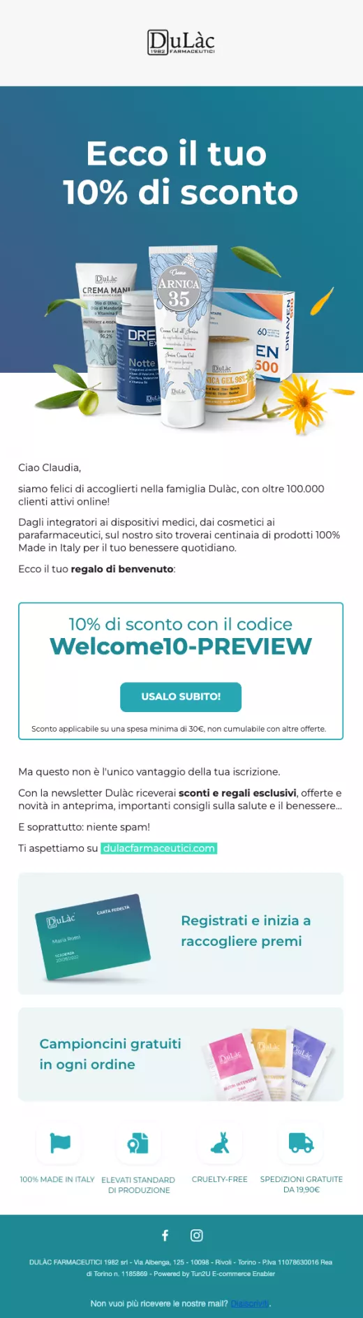 Welcome email DuLàc ecommerce cosmesi e parafarmacia