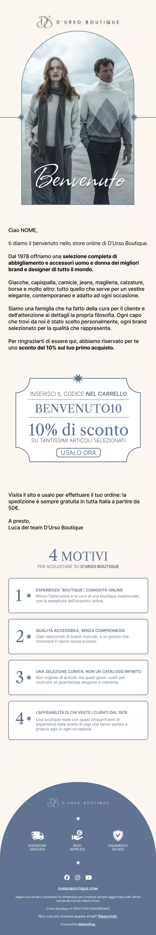 Welcome email D'Urso Boutique ecommerce fashion