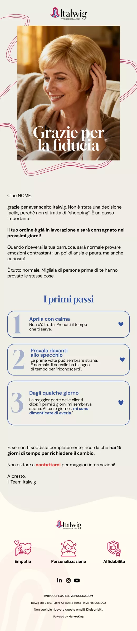 Email post-acquisto conferma ordine Italwig ecommerce parrucche