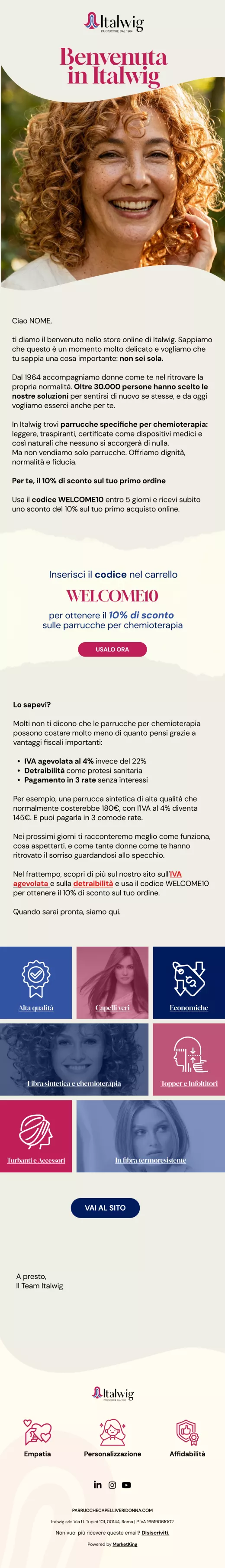 Welcome email Italwig ecommerce parrucche e hair