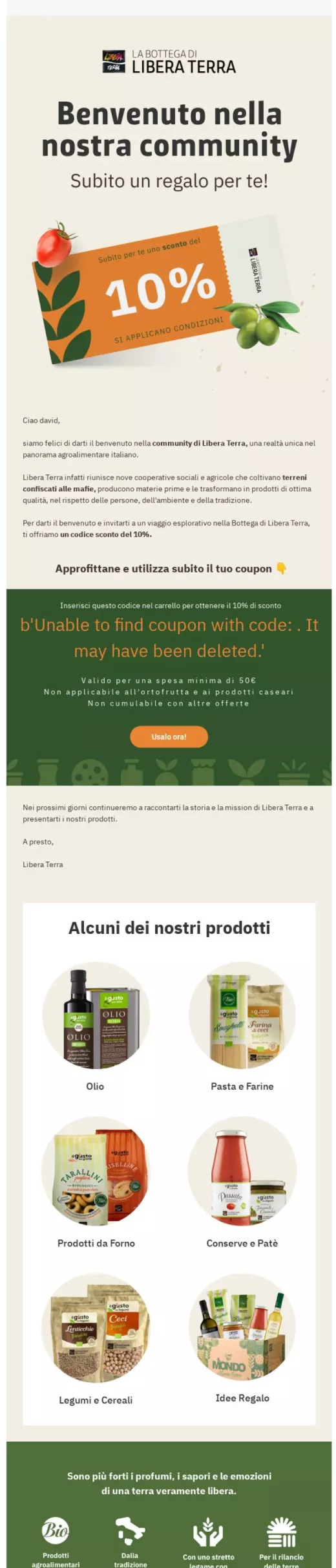 Welcome email community Libera Terra ecommerce food biologico