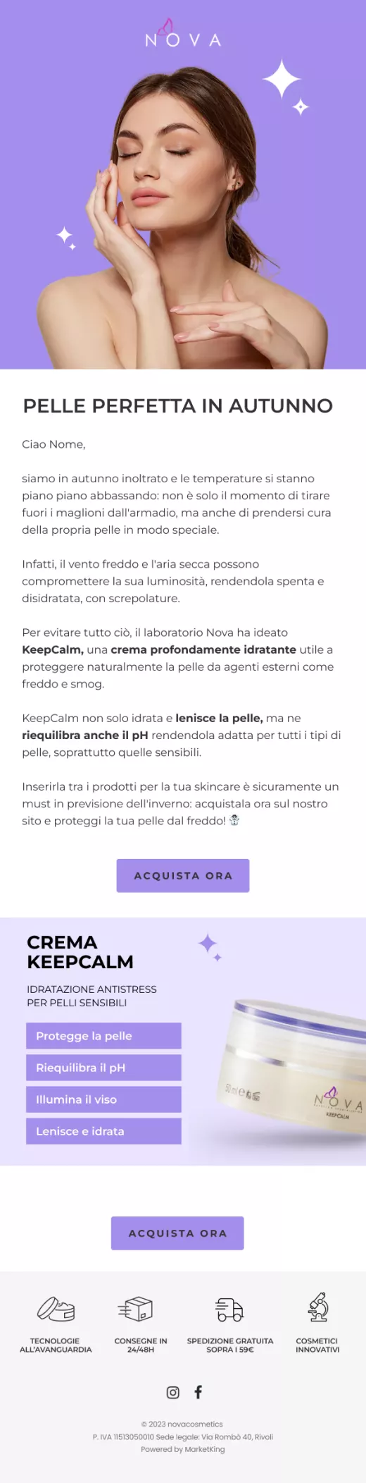 Email stagionale pelle perfetta autunno Nova Cosmetics ecommerce beauty