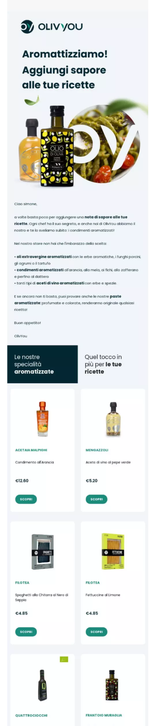 Email showcase oli aromatizzati OlivYou ecommerce olio extravergine