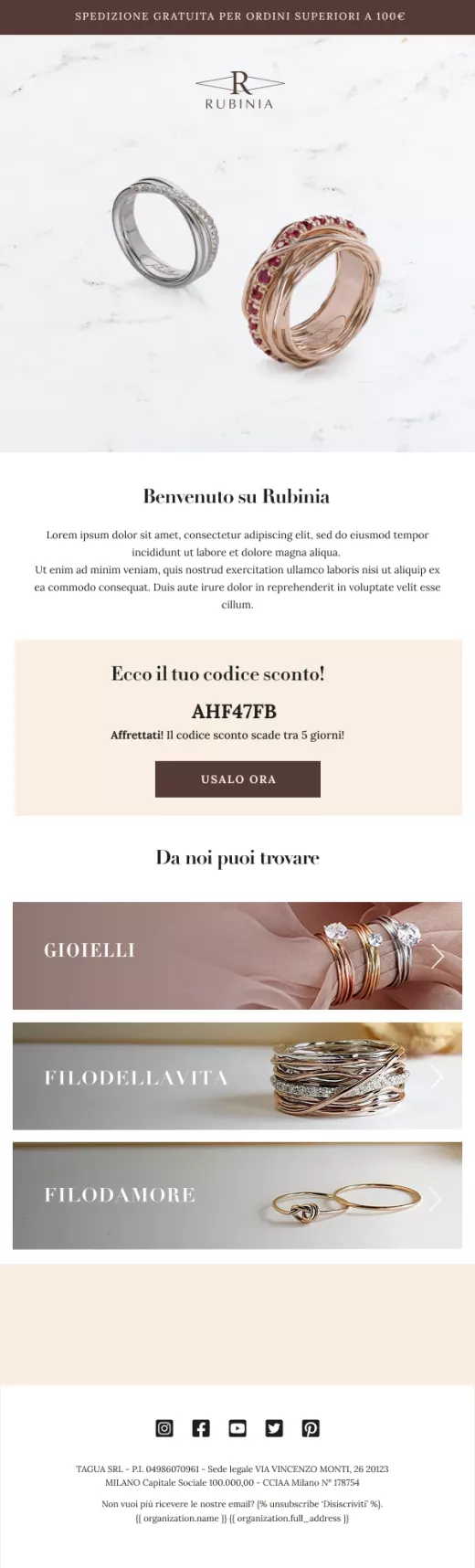 Welcome email Rubinia Gioielli ecommerce jewelry