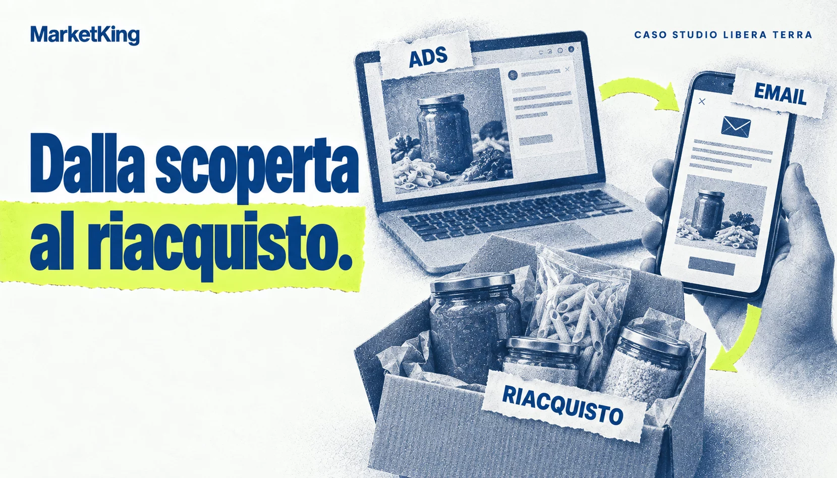 Il caso Libera Terra illustrato attraverso acquisizione, email e riacquisto di prodotti alimentari.