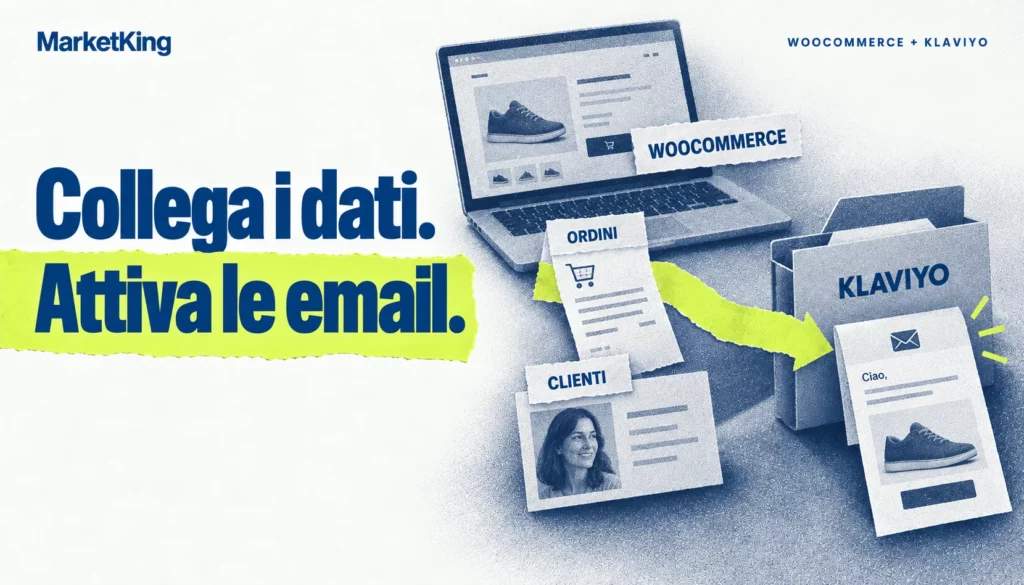 Integrazione WooCommerce e Klaviyo: ordini e clienti del negozio alimentano email personalizzate.