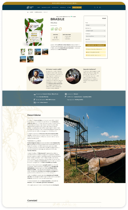 Pagina prodotto CaffèLab prima dell'intervento — scheda tecnica