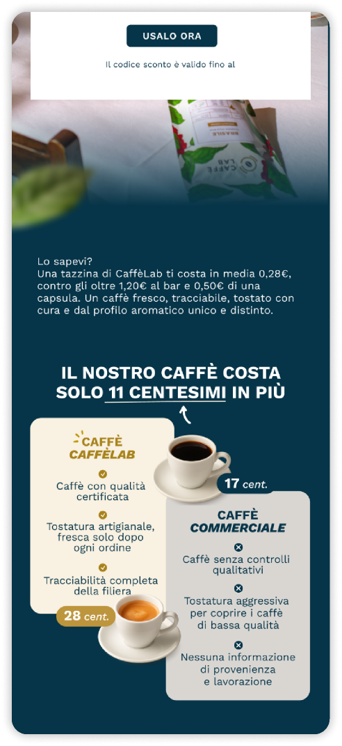 Welcome flow v2: confronto prezzo che disinnesca l'obiezione — solo 11 centesimi in più a tazza