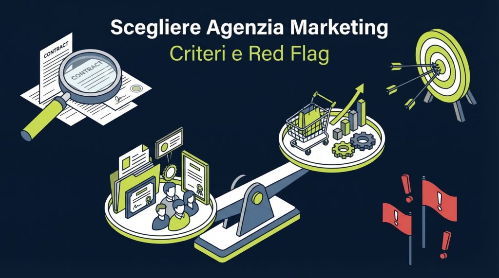 Bilancia con criteri per scegliere agenzia marketing ecommerce e warning sui red flag