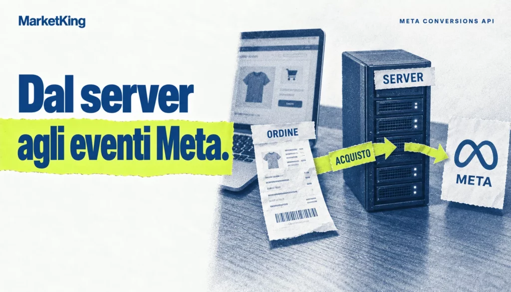 Conversions API: un evento di acquisto passa dal server del negozio ai sistemi di misurazione Meta.