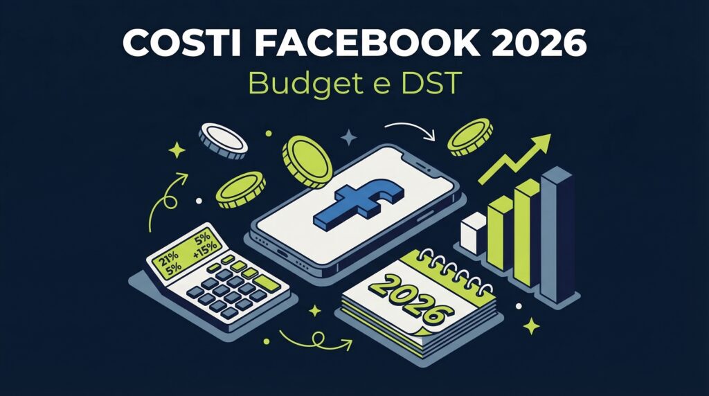 Costo Facebook Ads 2026 con grafici di crescita, monete e calcolatrice per budget pubblicitario