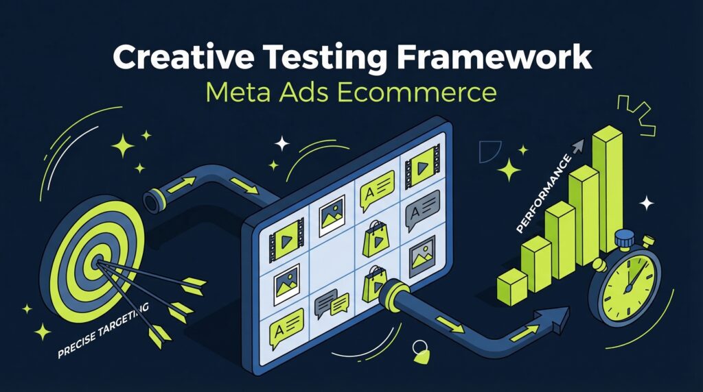 Framework creative testing Meta Ads con griglia varianti e grafici performance per ecommerce