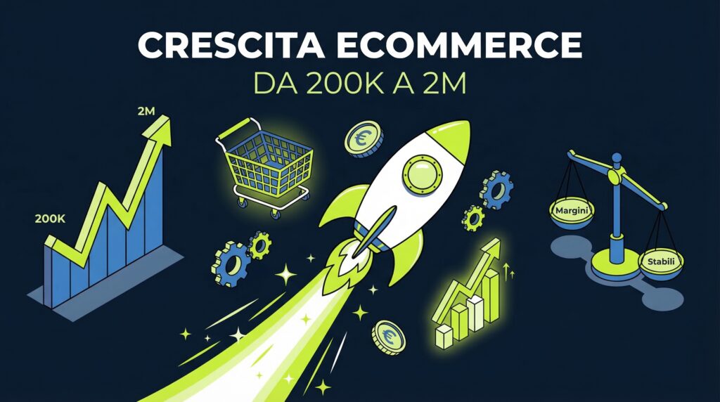 Strategie di crescita ecommerce con razzo, grafici e metriche di performance