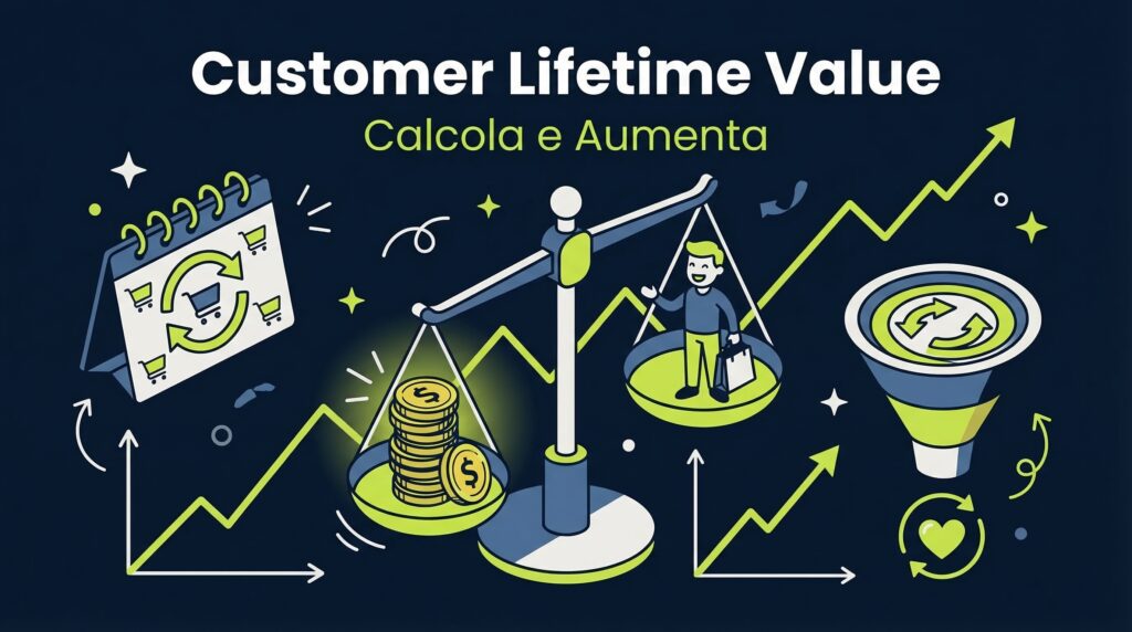 Customer lifetime value ecommerce con bilancia, grafici crescita e ciclo retention cliente