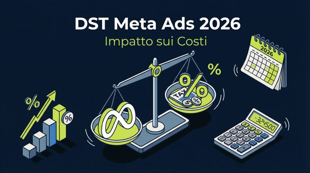 Bilancia con Meta Ads e tasse DST 2026, grafici costi pubblicitari e calcolatrice