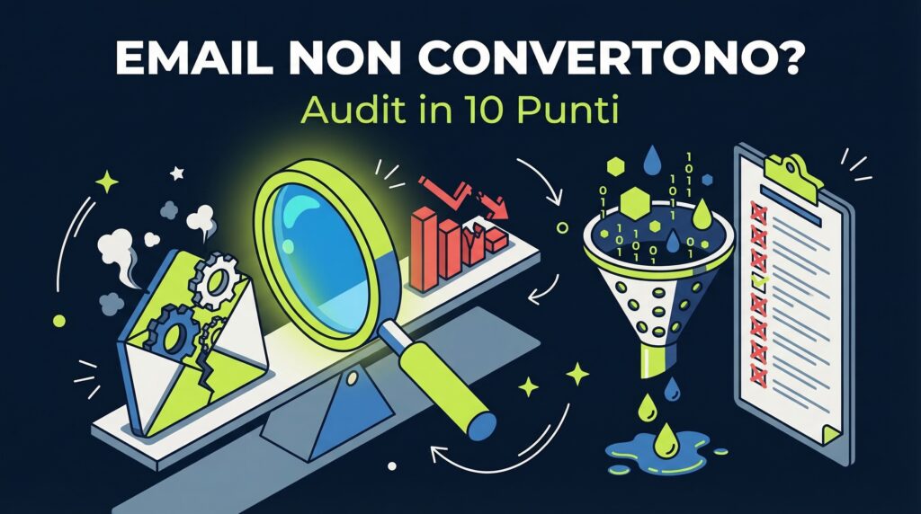 Audit email marketing non converte con bilancia sbilanciata, grafici decrescenti e checklist problemi