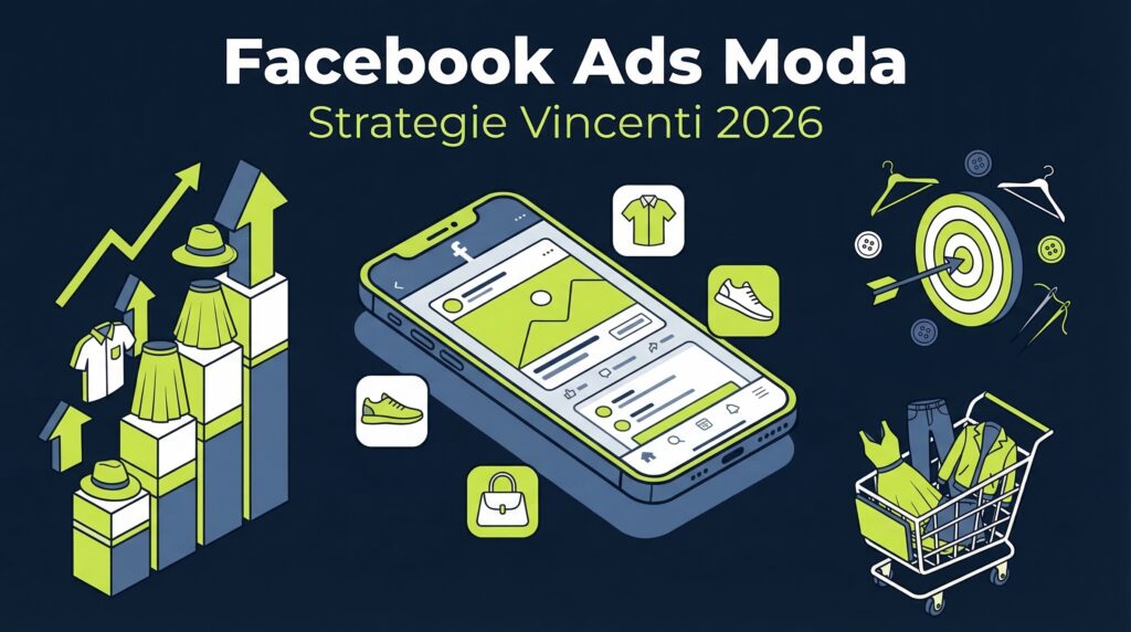 Strategie Facebook Ads per ecommerce moda con smartphone, grafici performance e targeting