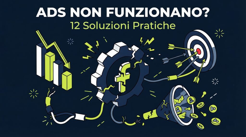 Ingranaggio rotto e grafici discendenti mostrano perché Facebook ads non funzionano