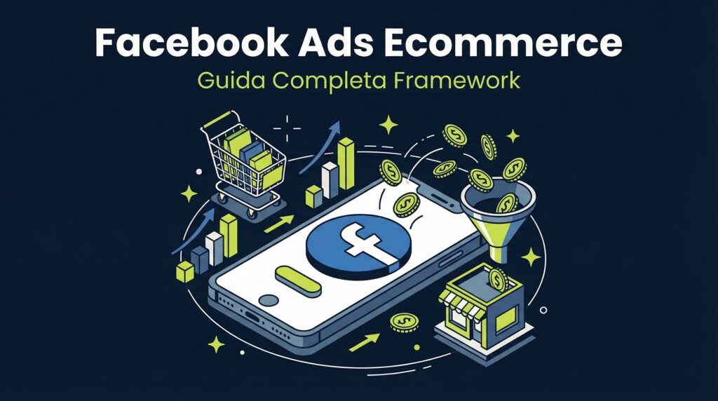 Framework Facebook Ads per ecommerce con smartphone, carrello e grafici di conversione