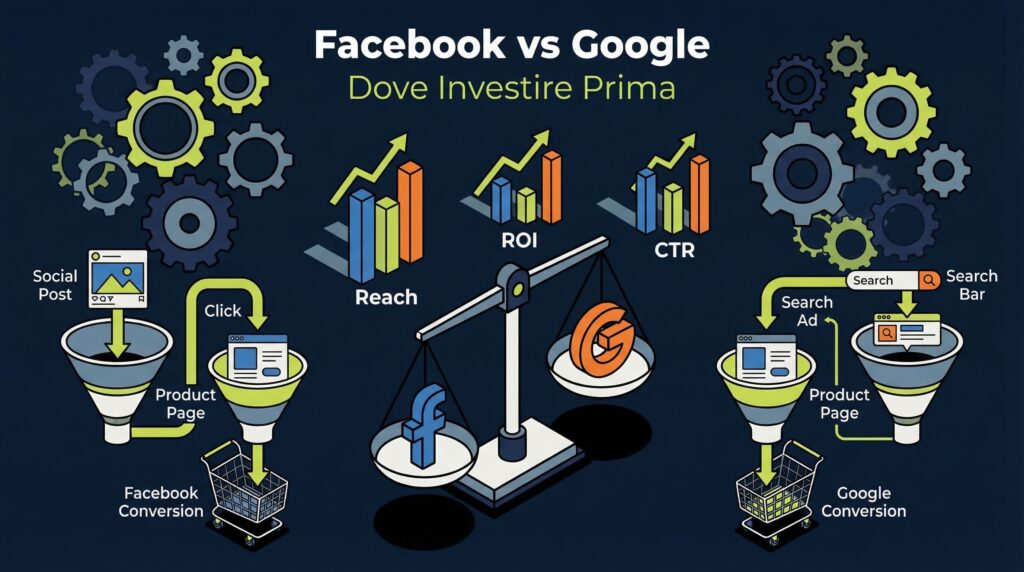 Confronto Facebook Ads vs Google Ads ecommerce con bilancia e funnel di conversione