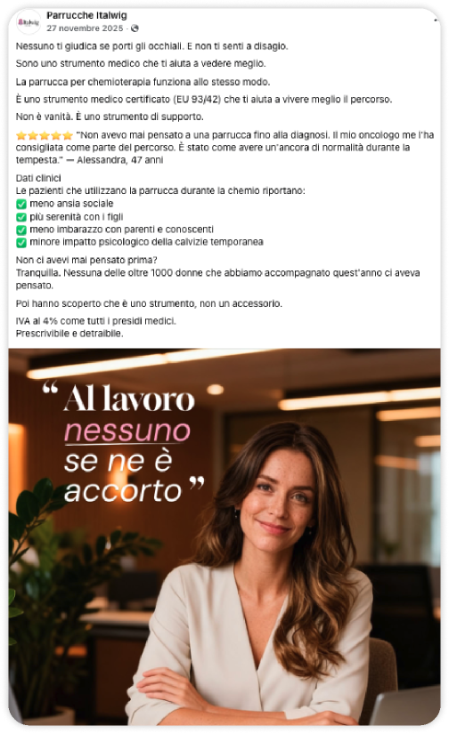 Ad Italwig dopo — copy problem-solution con social proof reale