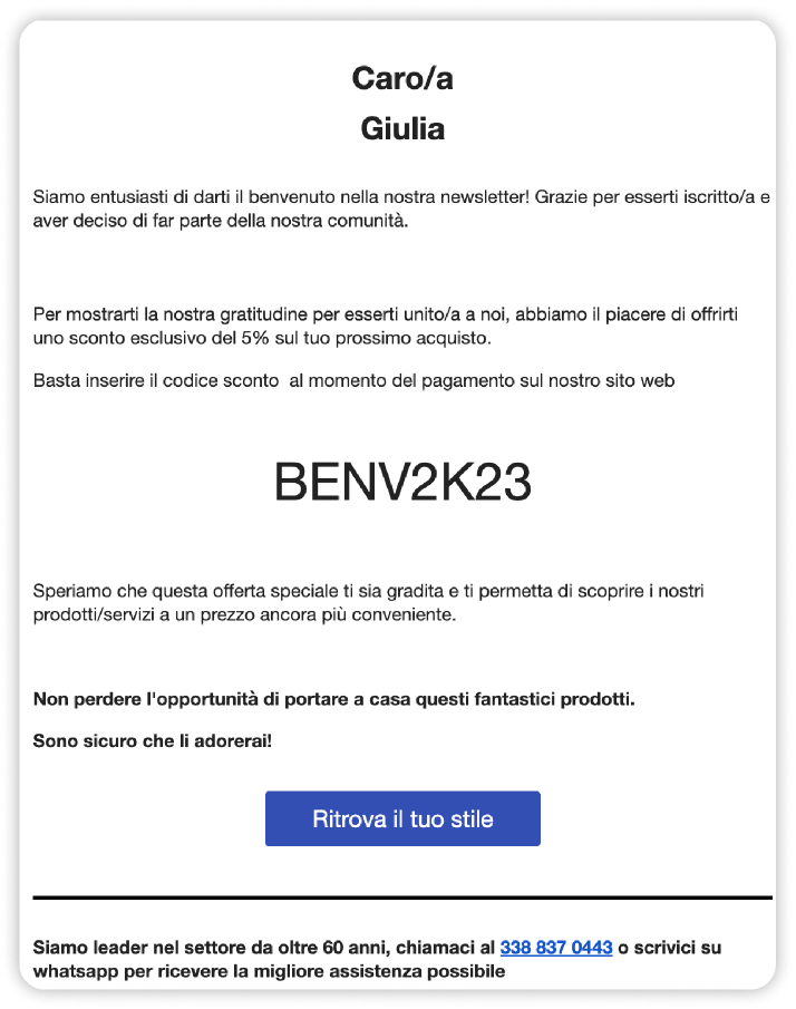 Email welcome Italwig prima: template generico senza empatia né contesto