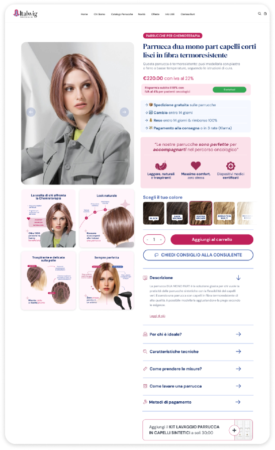 Pagina prodotto Italwig dopo il redesign — percorso di rassicurazione