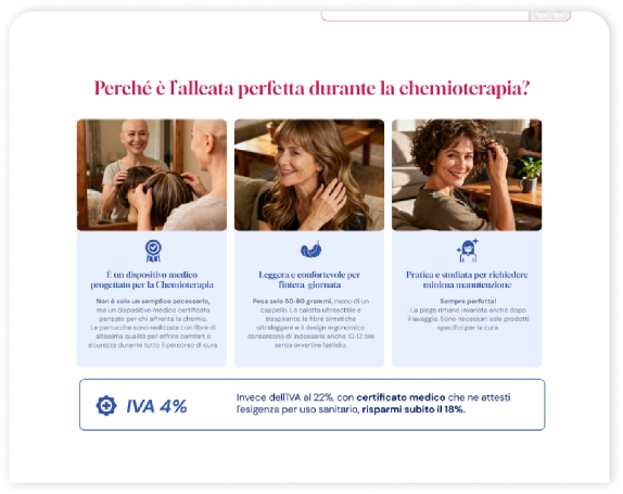 Sezione dedicata chemioterapia e IVA al 4% — empatia e informazione concrete