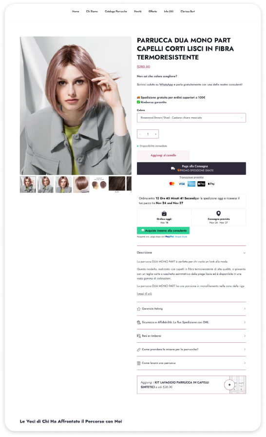 Pagina prodotto Italwig prima dell'intervento — layout ecommerce standard