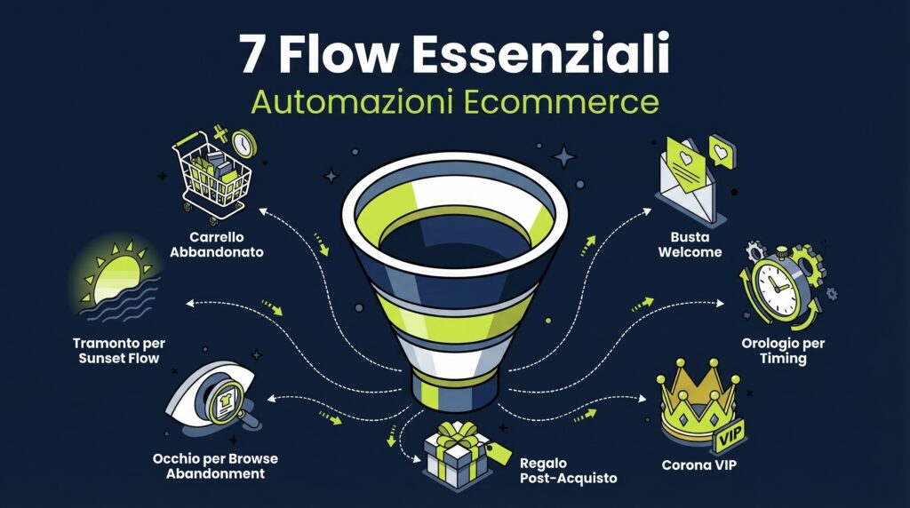 Funnel con 7 flow Klaviyo automazioni ecommerce collegati a icone metaforiche