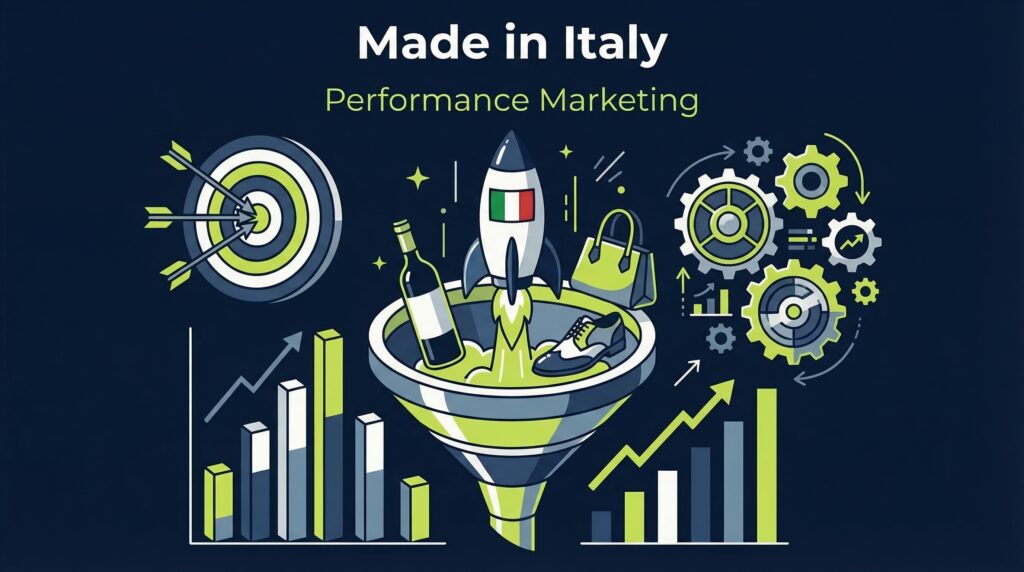 Strategie di marketing ecommerce Made in Italy con razzo tricolore e grafici performance