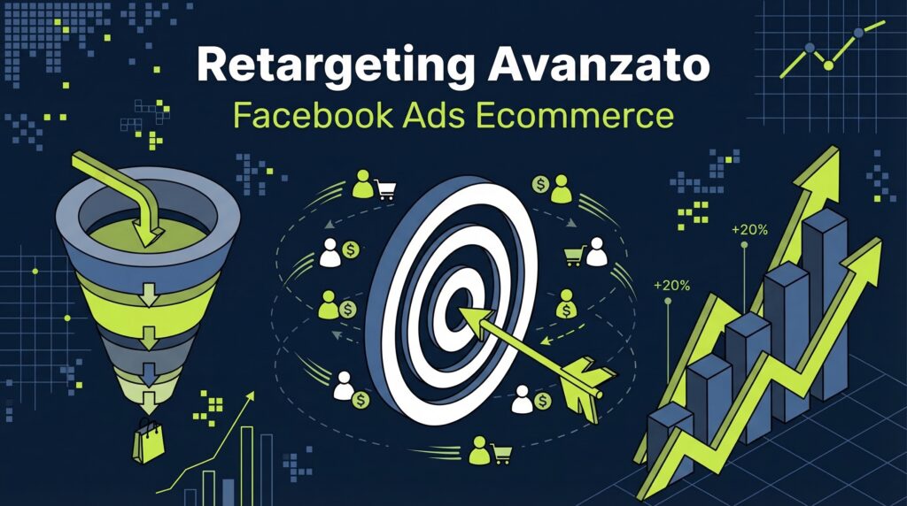 Strategie retargeting Facebook Ads ecommerce con bersaglio, funnel conversione e grafici performance