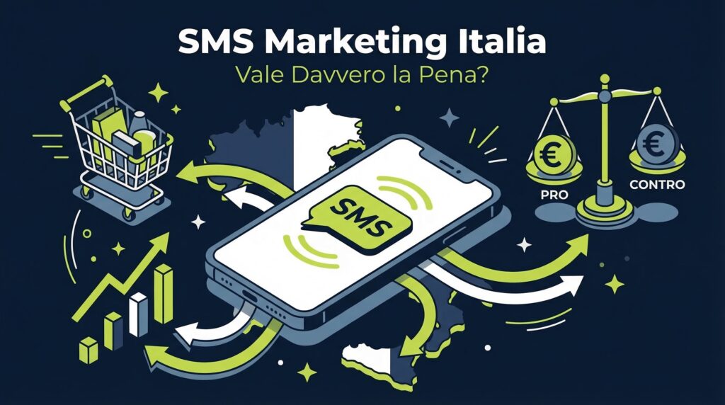 Strategia SMS marketing ecommerce Italia con smartphone, carrello e grafici performance