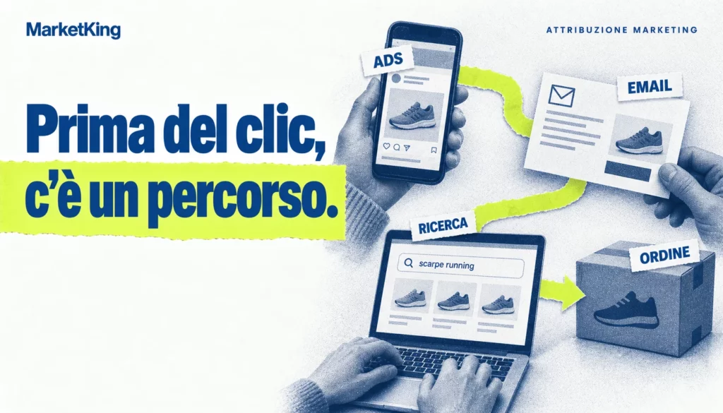 Attribuzione marketing: advertising, email e ricerca contribuiscono al percorso verso l'ordine.